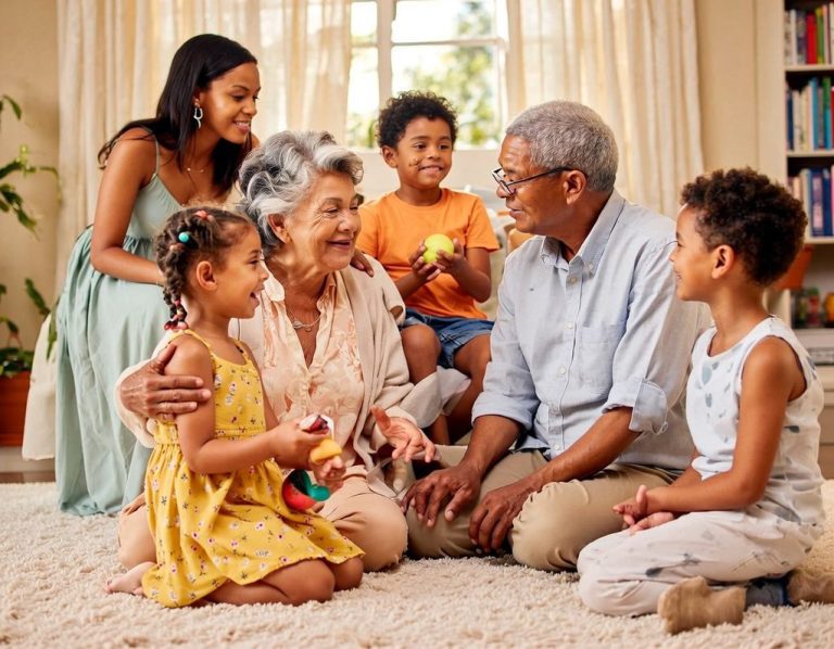 A multigenerational family spanning grandparents, parents, and young children gathered together smiling in a living room
