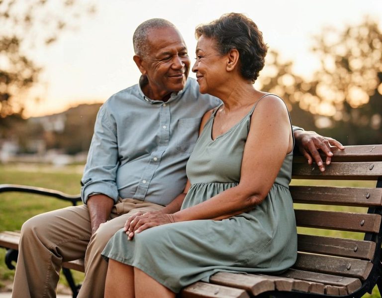 An elderly couple sitting together on a park bench, symbolising later life planning